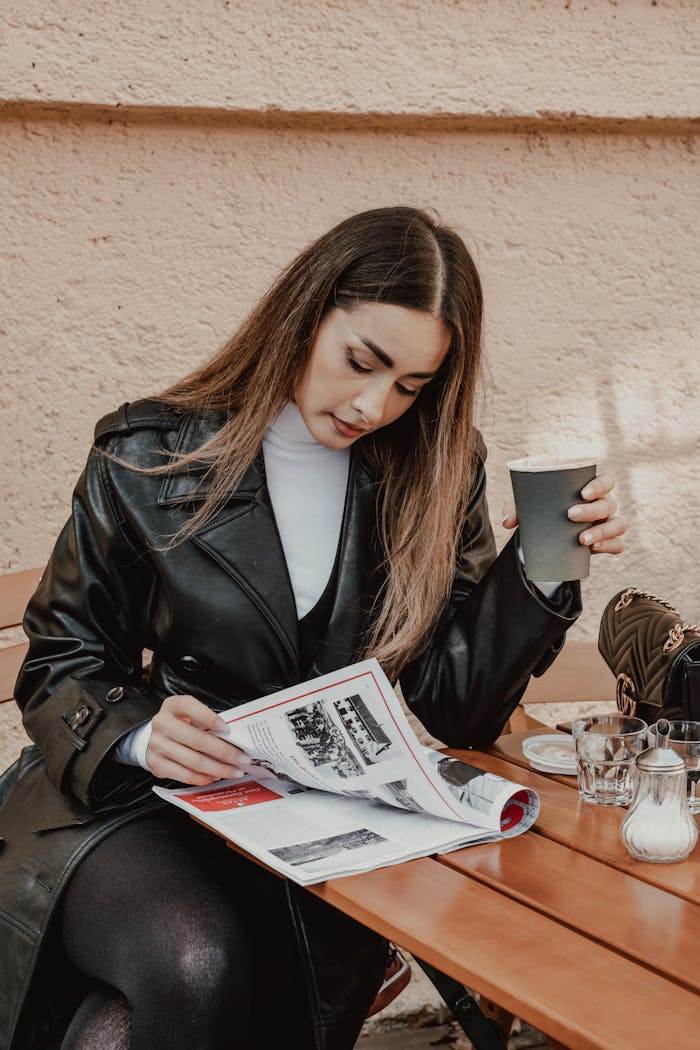 A woman in a black leather jacket reading a magazine